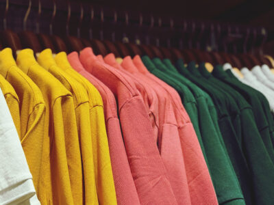 Colorful t-shirts hanging on a hanger in a shop Colorful t-shirts hanging on a hanger in a shop